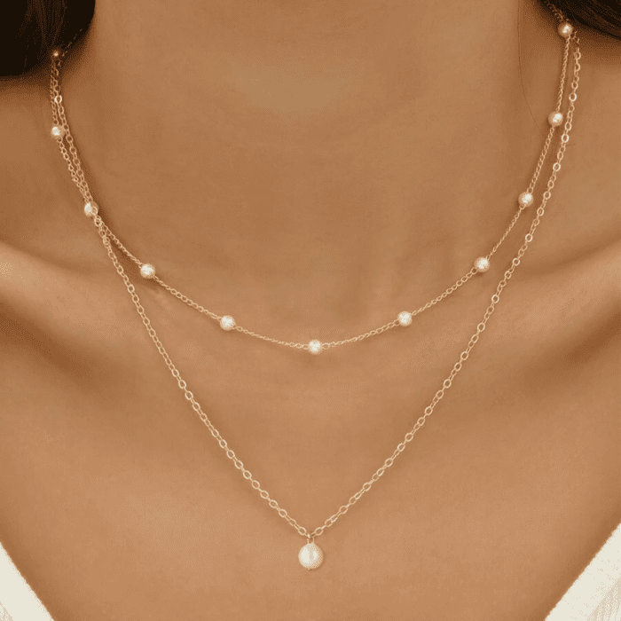 Gold Pearl Necklace for Women, 14K Gold Plated Layered Pearl Necklaces for Women Trendy Simple Herringbone Chain Pearl Necklace for Women Gold Jewelry Gifts - Image 2