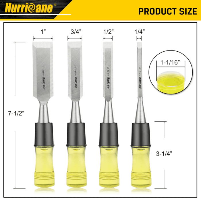 4 Piece Wood Chisel Set for Woodworking, CR-V Steel Beveled Edge Blade, Durable PVC High Impact Handle Wood Chisel - Image 2