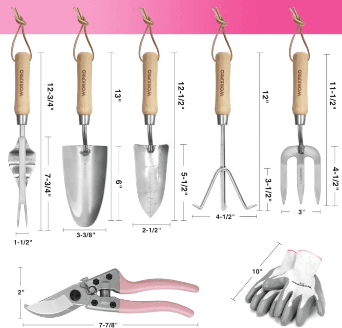 8-Piece Pink Garden Tool Set, Stainless Steel Gardening Tools with Wood Handle, Including Garden Tote, Gloves, Trowel, Hand Weeder, Cultivator and More, Gardening Gifts for Women - Pink Ribbon - Image 3