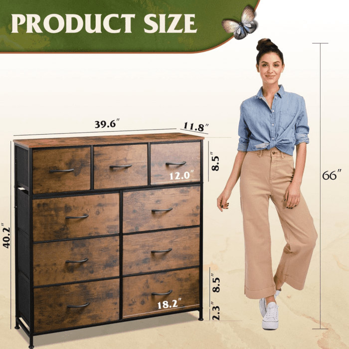 9-Drawer Dresser, Fabric Storage Tower for Bedroom, Hallway, Entryway, Closet, Tall Chest Organizer Unit with Fabric Bins, Steel Frame, Wood Top, Easy Pull Handle, Rustic Brown Wood Grain Print - Image 3