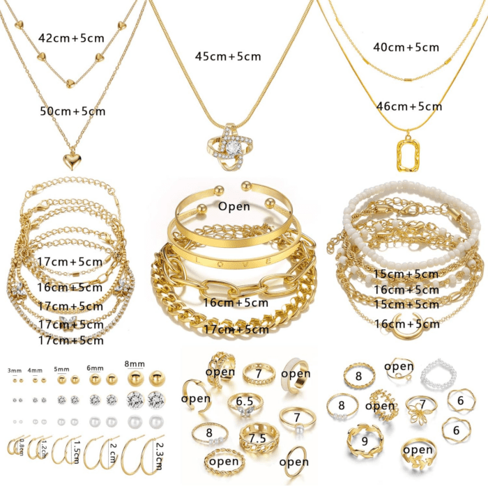 36 PCS Gold Plated Jewelry Set with 4 PCS Necklace, 11 PCS Bracelet, 7 PCS Ear Cuffs Earring, 14 Pcs Knuckle Rings for Women Girls Valentine Anniversary Birthday Friendship Gift - Image 7