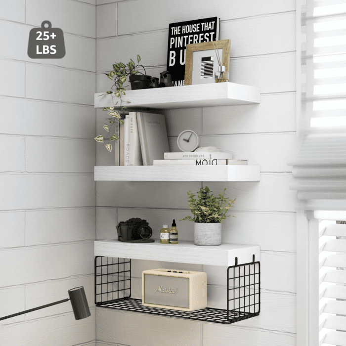 Bathroom Shelves over Toilet - Wall Mounted Floating Shelves Farmhouse Shelf Toilet Paper Storage Small 16 Inch Set of 3, Black and White (019-WB3) - Image 4