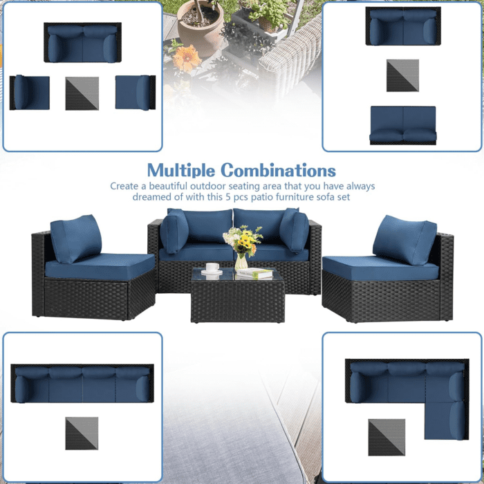 5 Pieces Outdoor Patio Sectional Sofa Couch, Black PE Wicker Furniture Sets, Patio Conversation Sets with Washable Cushions Glass Coffee Table for Garden, Poolside, Backyard, Aegean Blue - Image 3