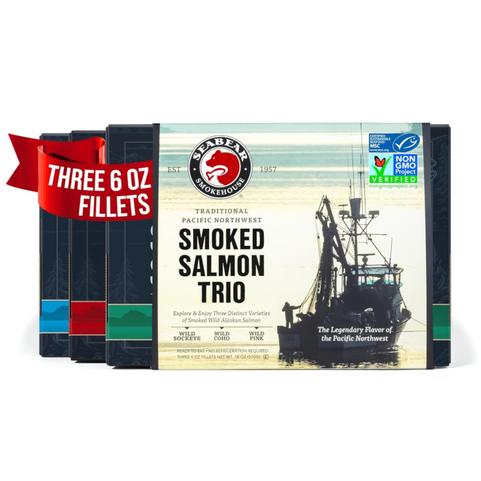 - Premium Wild Alaskan Smoked Sockeye, Coho, and Pink Salmon Trio - 18Oz Box