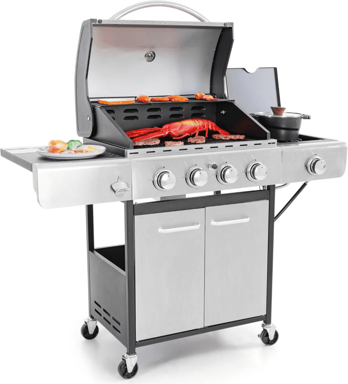 4-Burner Propane Gas BBQ Grill with Side Burner & Porcelain-Enameled Cast Iron Grates, 42,000 BTU Output Stainless Steel Grill for Outdoor Cooking Kitchen and Patio Backyard Barbecue