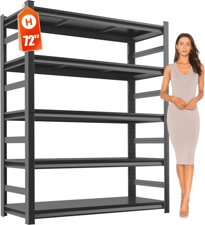 Metal Garage Shelving Unit, Heavy Duty 5-Tier Adjustable Storage Rack, Steel Shelving, 3000 Lbs Capacity, Industrial Shelves for Heavy Tools and Equipment, Ideal for Garage, Basement, Black, 72"