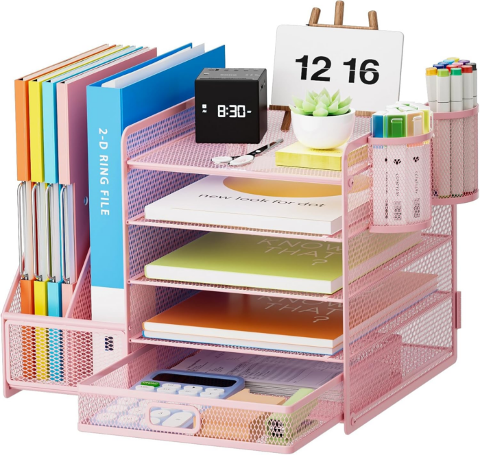 Desk Organizer with File Holder, 5-Tier Paper Letter Tray Organizer with Drawer and 2 Pen Holder, Mesh Desktop Organizer and Storage with Magazine Holder for Office Supplies(Pink)