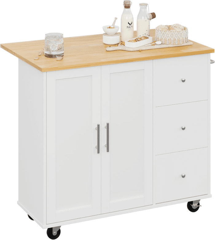 Rolling Kitchen Island Cart with Folding Drop Leaf Breakfast Bar, Portable Trolley Island with Large Storage Cabinet, Shelf and Drawer, White - Image 7