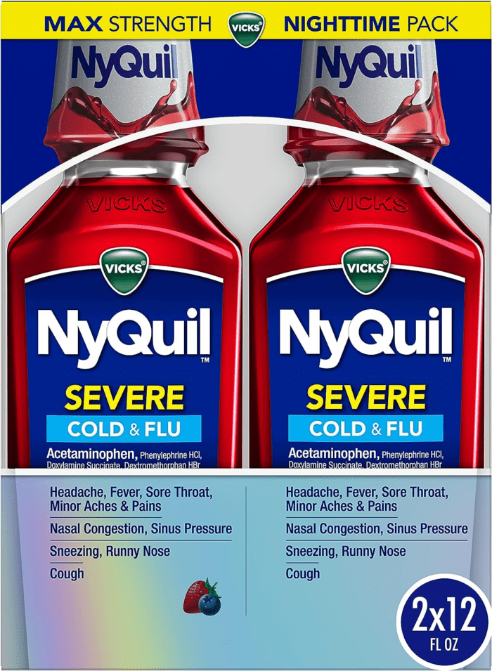 Nyquil SEVERE Cold, Flu, and Congestion Medicine, 2X12 Fl Oz Twin Pack, Berry Flavor, Maximum Strength, Nighttime Relief