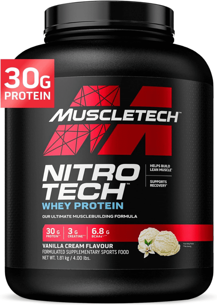 Whey Protein Powder (Vanilla Cream, 4 Pound) - Nitro-Tech Muscle Building Formula with Whey Protein Isolate & Peptides - 30G of Protein, 3G of Creatine & 6.6G of BCAA