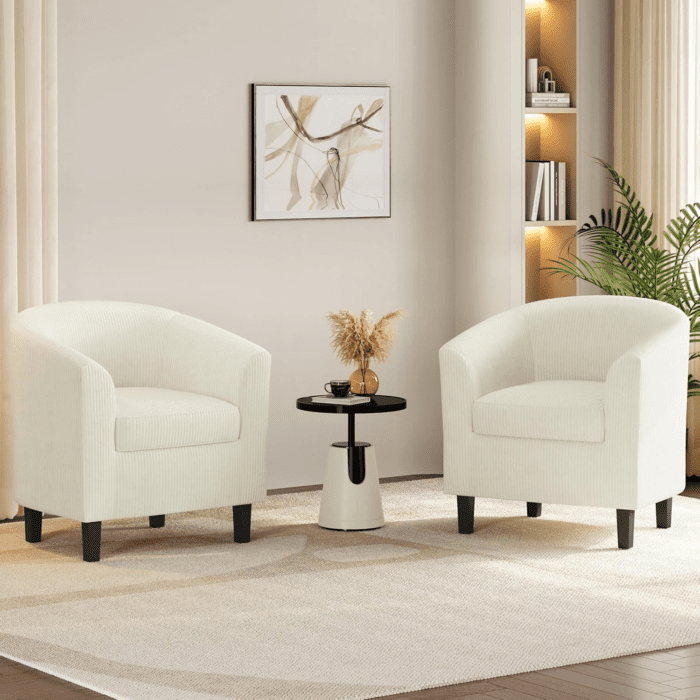 Corduroy Barrel Chairs Set of 2, Upholstered Club Chairs Accent Chairs, round Armchairs Waiting Room Chairs with Soft Cushion for Living Room Bedroom Reading Room, Beige - Image 2