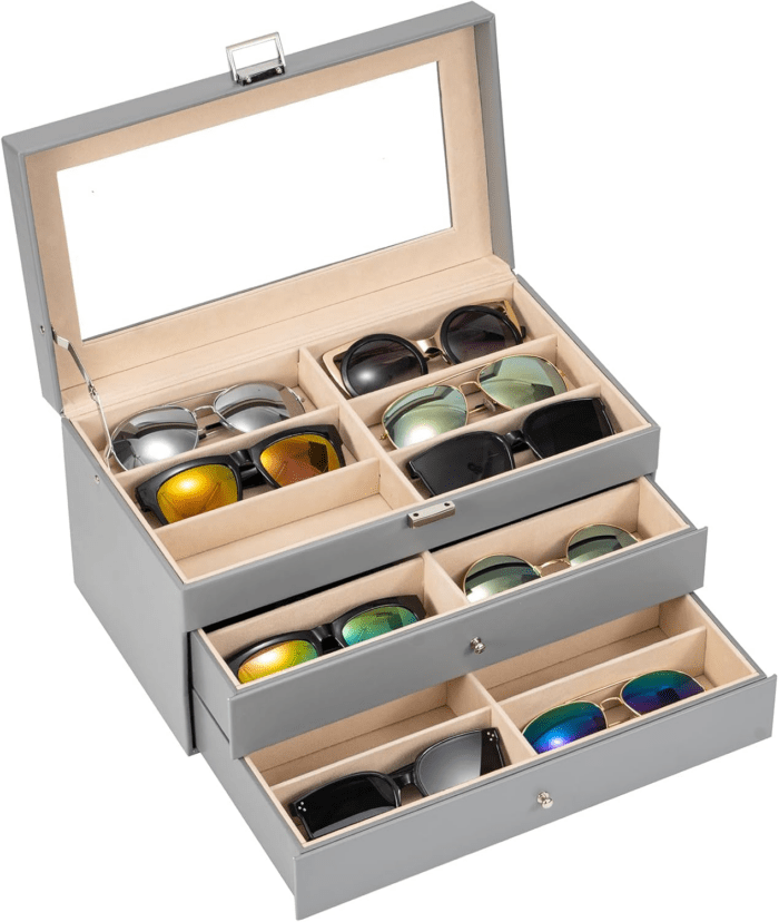 3-Layer Sunglasses Storage Organizer, 18 Slots Leather Sunglass Box Multiple Pairs Eyeglass Cases Eye Glass Eyewear Display Holder for Men Women -Grey