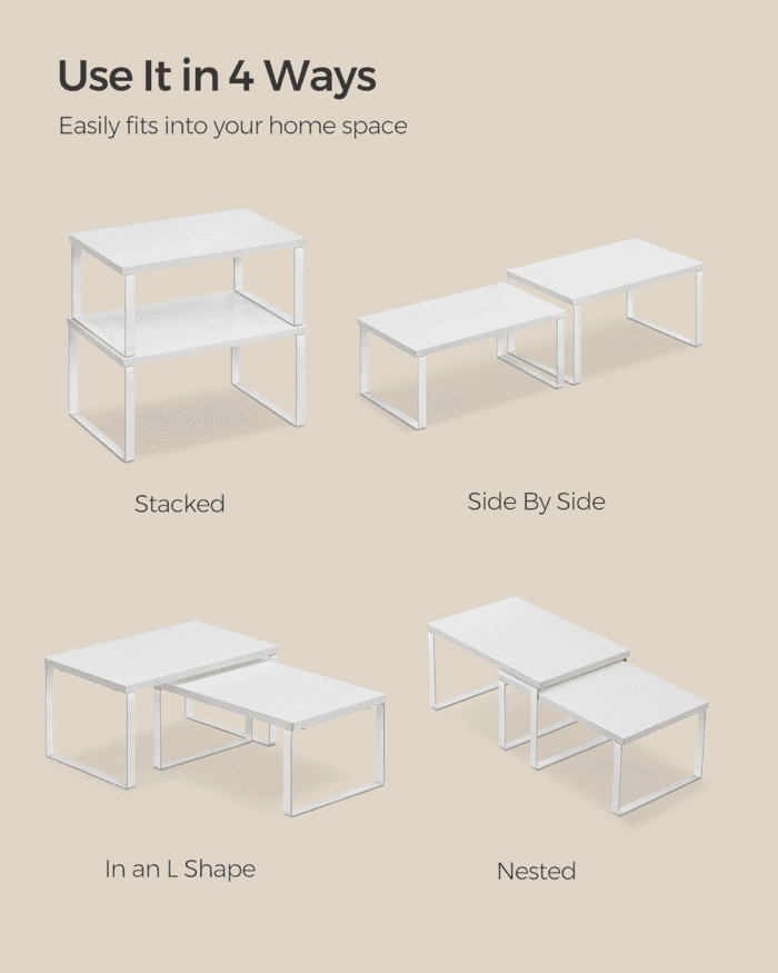 Cabinet Organizer Shelf, Set of 4 Kitchen Counter Shelves, Kitchen Storage, Spice Rack, Stackable, Expandable, Metal and Engineered Wood, Cloud White and Snow White UKCS027W01 - Image 7