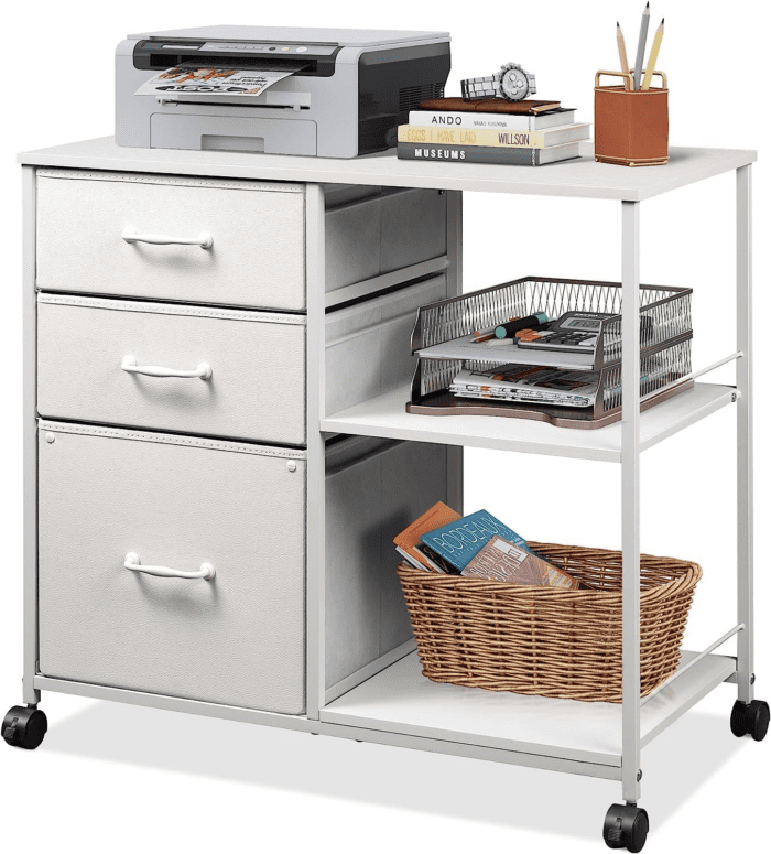 3 Drawer Mobile File Cabinet, Rolling Printer Stand with Open Storage Shelf, Fabric Lateral Filing Cabinet Fits A4 or Letter Size for Home Office, White