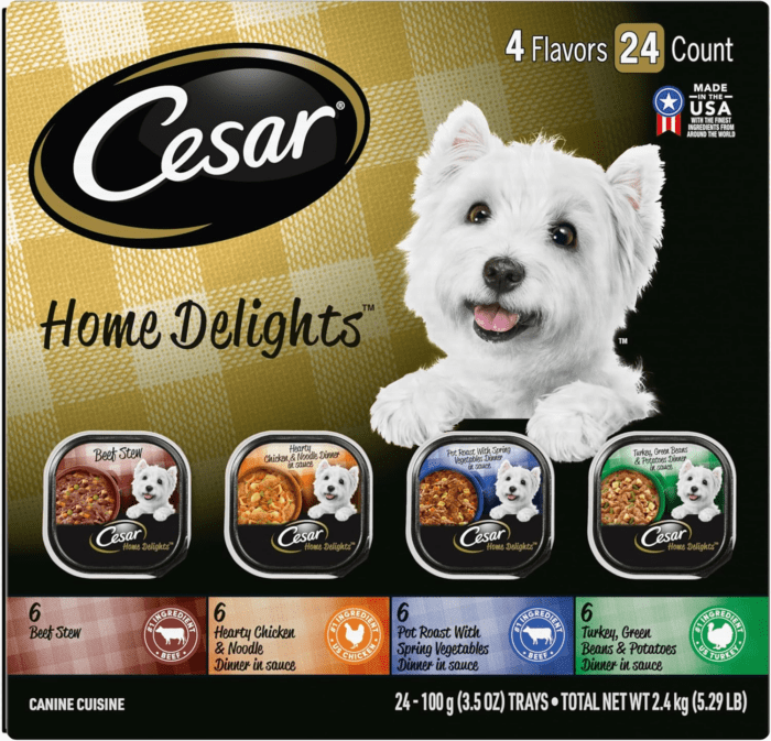 HOME DELIGHTS Wet Dog Food Pot Roast & Vegetable, Beef Stew, Turkey Potato & Green Bean, and Hearth Chicken & Noodle Variety Pack, (24) 3.5 Oz. Easy Peel Trays