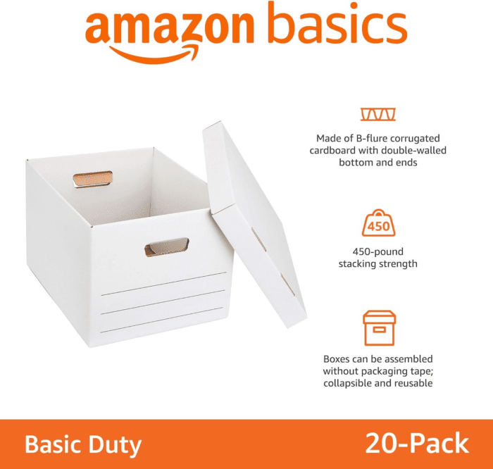 Storage and Filing Boxes with Lid and Handles, Legal/Letter Size, Basic Duty, Pack of 20, White, 16.2" L X 12.5" W X 10.5" H - Image 2