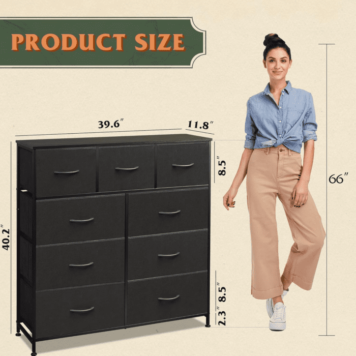 9-Drawer Dresser, Fabric Storage Tower for Bedroom, Hallway, Entryway, Closet, Tall Chest Organizer Unit with Fabric Bins, Steel Frame, Wood Top, Easy Pull Handle, Charcoal Black - Image 3