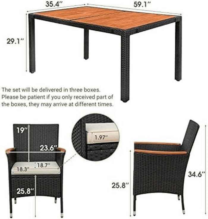 Dining 7 PCS Furniture, Patio Conversation Set with Acacia Wood Table Top, Rattan Outdoor, Black - Image 9