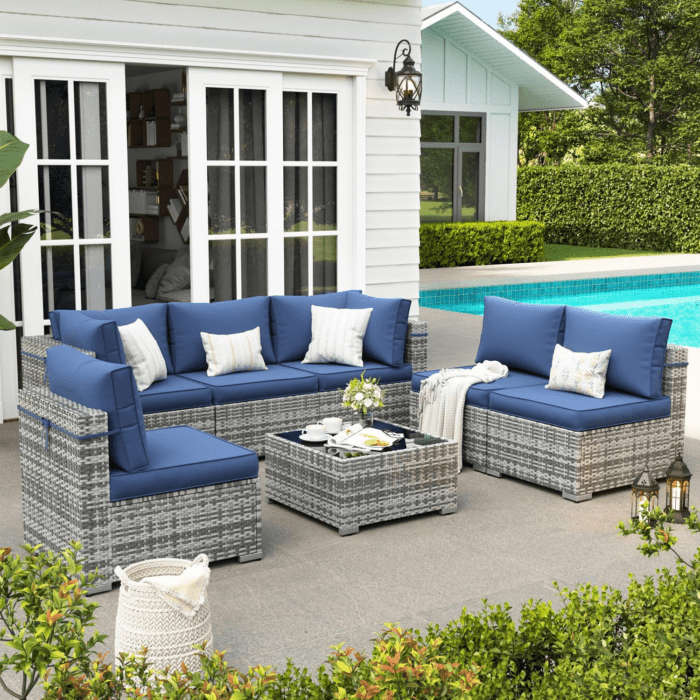 Patio Furniture Set, 7-Piece Outdoor Sectional with Waterproof Cover, All-Weather Wicker Patio Conversation Sets for Backyard (Grey with Navy Cushion) - Image 8