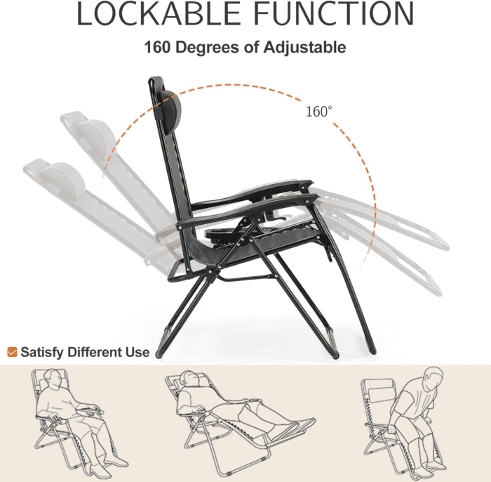 Zero Gravity Chairs, Set of 2 Portable Recliner Beach Camping Patio Outdoor Folding Lounge Chair with Cup Holder Trays and Adjustable Pillow for Poolside, Garden, Backyard, Lawn (Black) - Image 6