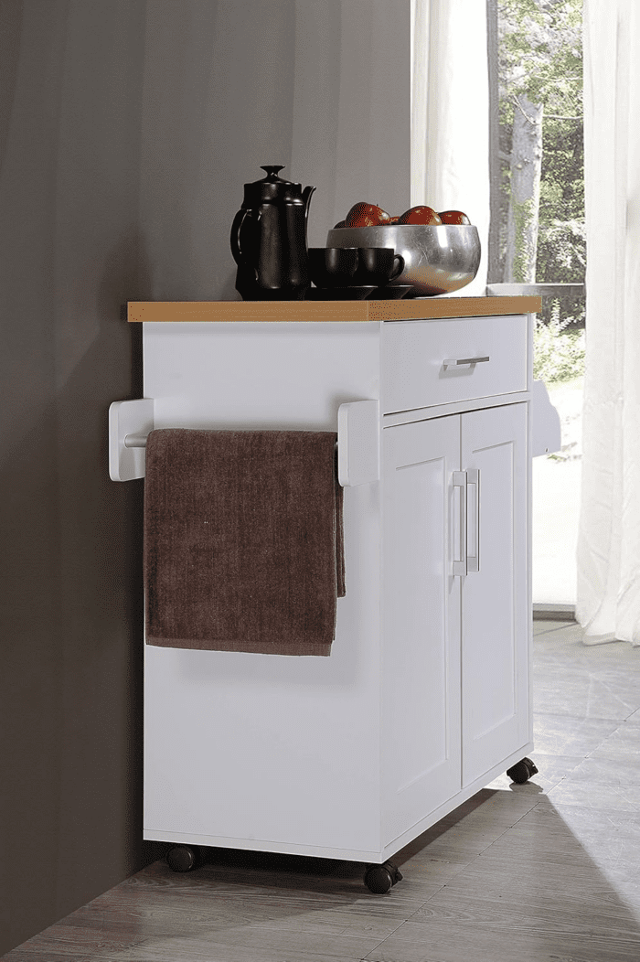 Kitchen Island with Spice Rack, Towel Rack & Drawer, White with Beech Top, 15.5 X 35.5-44.9 X 35.2 Inches - Image 2