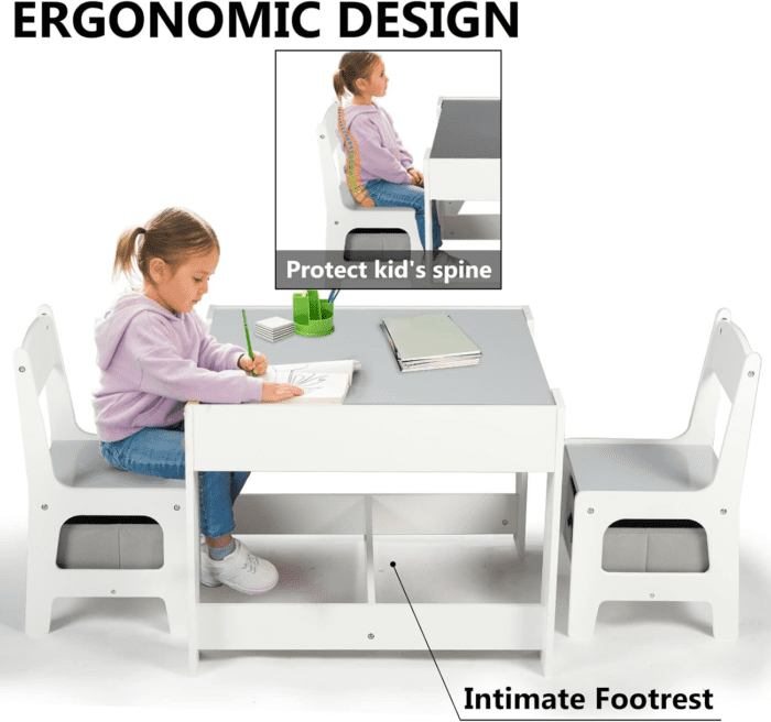 Kids Wood Table & 2 Chairs Set, 3 in 1 Children Activity Table W/Storage, Removable Tabletop, Blackboard, 3-Piece Toddler Furniture Set for Art, Crafts, Drawing, Reading, Playroom, Grey - Image 5