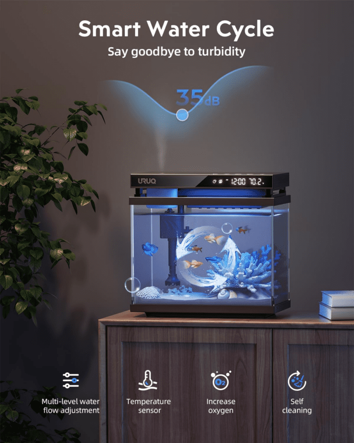 Fish Tank Smart Aquarium Kit: 2 Gal UHD Glass Silent Water Pump Self Cleaning System Temperature Monitoring Essential Oil Diffuser with Humidifier 7 Color Lights Multi-Layer Filtration System Black - Image 3