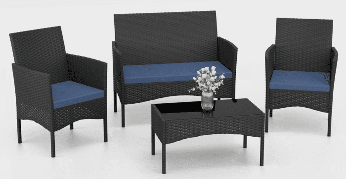 Patio Furniture Set 4 Pieces Outdoor Wicker Rattan Chairs Conversation Sets W/Coffee Table, Rocking Bistro Set, for Patio Lawn Backyard (Navy Blue)