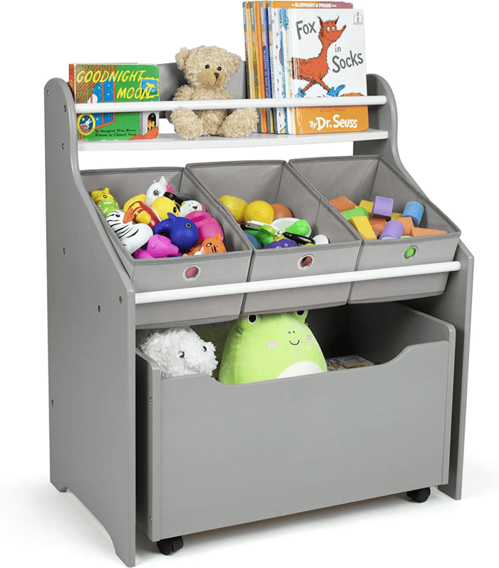 3-In-1 Toddler Size Storage Organizer with Rolling Toy Box, Grey - Image 3