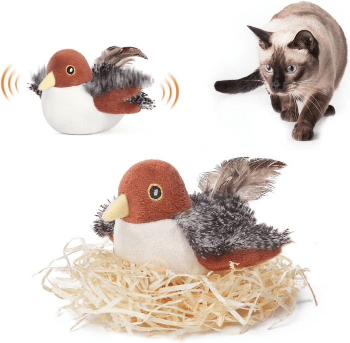 Cat Toys Rechargeable Flapping Bird Sparrow, Lifelike Chirp Tweet, Touch Activated Kitten Toy Interactive Cat Exercise Toys for All Breeds Cat Kicker Catnip Toys 4.0 Inches