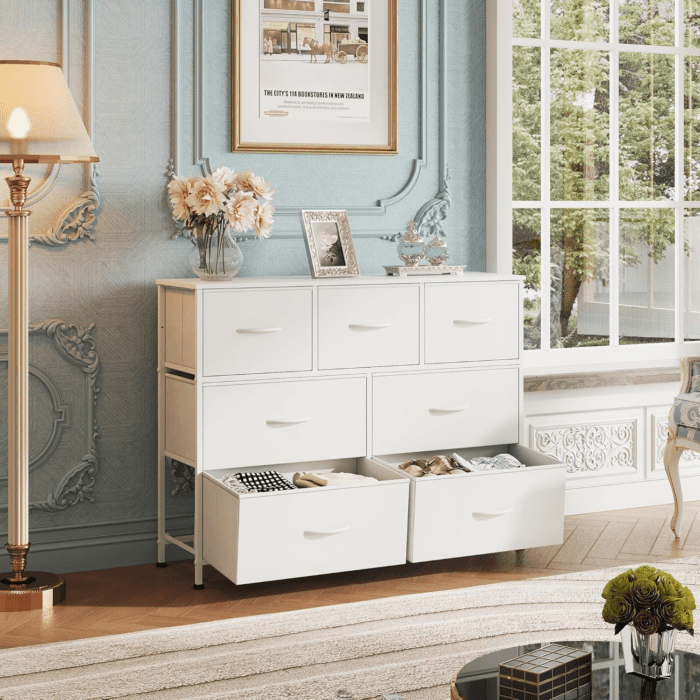 Dresser with 7 Drawers, Dressers for Bedroom, Fabric Storage Tower, Hallway, Entryway, Closets, Sturdy Steel Frame, Wood Top, Easy Pull Handle, White - Image 2