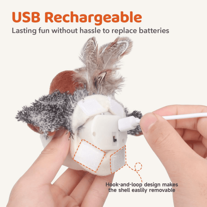 Cat Toys Rechargeable Flapping Bird Sparrow, Lifelike Chirp Tweet, Touch Activated Kitten Toy Interactive Cat Exercise Toys for All Breeds Cat Kicker Catnip Toys 4.0 Inches - Image 5