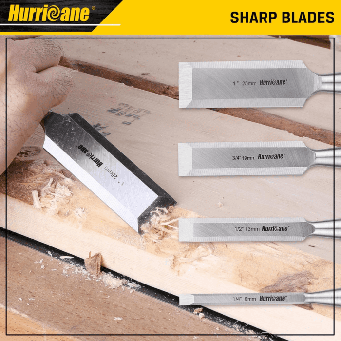 4 Piece Wood Chisel Set for Woodworking, CR-V Steel Beveled Edge Blade, Durable PVC High Impact Handle Wood Chisel - Image 7