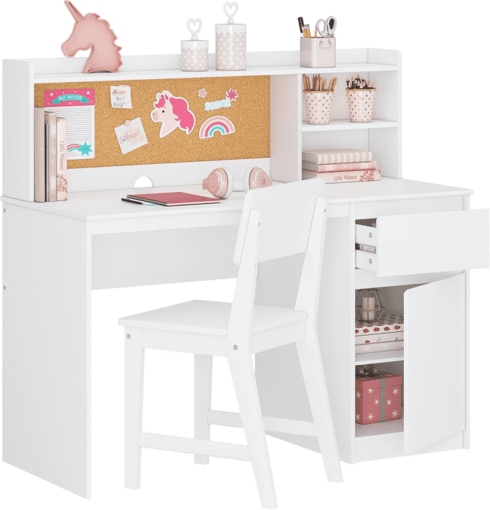 Kids Study Desk with Chair, Kids Desk and Chair Sets with Hutch and Storage Cabinet, Wooden Children Study Table, Student Writing Desk Computer Workstation for 5-12 Years Old