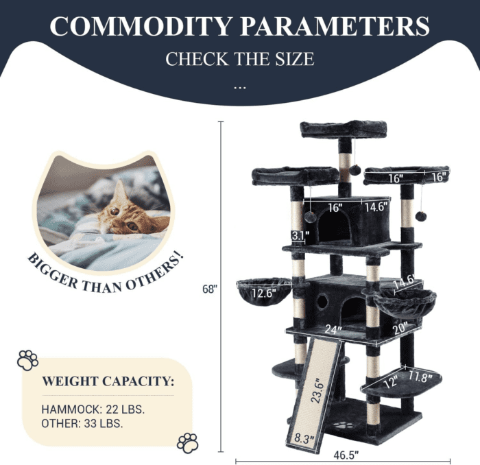 68 Inches Cat Tree House with Condo, Scratching Post, and Multi-Level Towers for Cats - Smokey Grey - Image 7