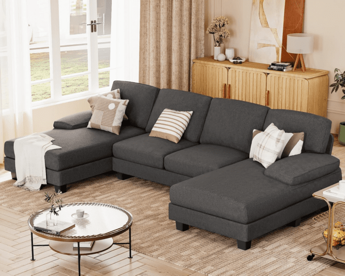 Sectional Couches for Living Room, U Shaped Couch with Chenille Fabric, 4 Seat Modern Sofa with Removable Pillows for Apartment and Small Space (Corduroy, Light Grey) - Image 6