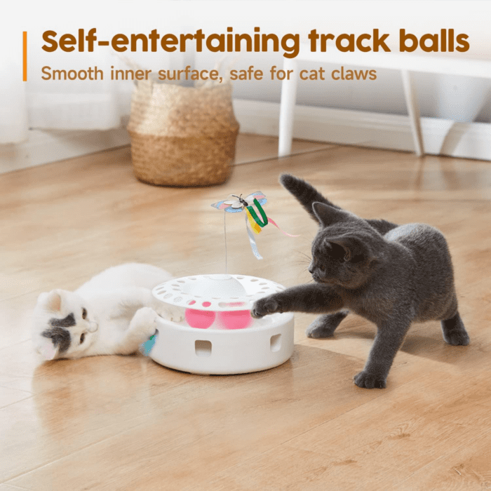 Cat Toys 3In1 Automatic Interactive Kitten Toy, Fluttering Butterfly, Moving Ambush Feather, Track Balls, Dual Power Supplies, USB Powered, Indoor Exercise Kicker (Bright White) - Image 5