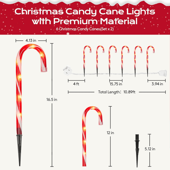 Christmas Candy Cane Lights 12Pcs Christmas Pathway Lights with 72 Count Incandescent Clear Lights, Connectable 12 Inch Pathway Makers Lights for Indoor Outdoor Walkway Patio Yard Lawn Decorations - Image 7