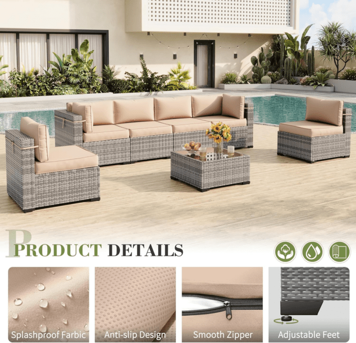 Patio Furniture Set, Outdoor Patio Furniture Wicker Furniture Couch Set, 7-Pieces Outdoor Sectional Sofa with Patio Furniture Cover, Outdoor Patio Set for Home Furniture (Khaki) - Image 3