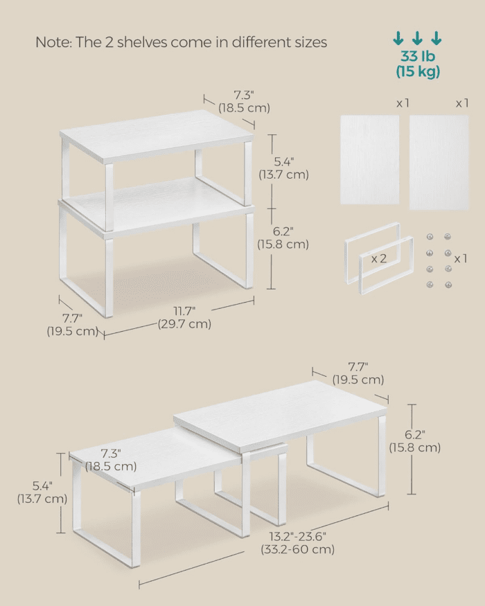 Cabinet Organizer Shelf, Set of 4 Kitchen Counter Shelves, Kitchen Storage, Spice Rack, Stackable, Expandable, Metal and Engineered Wood, Cloud White and Snow White UKCS027W01 - Image 2