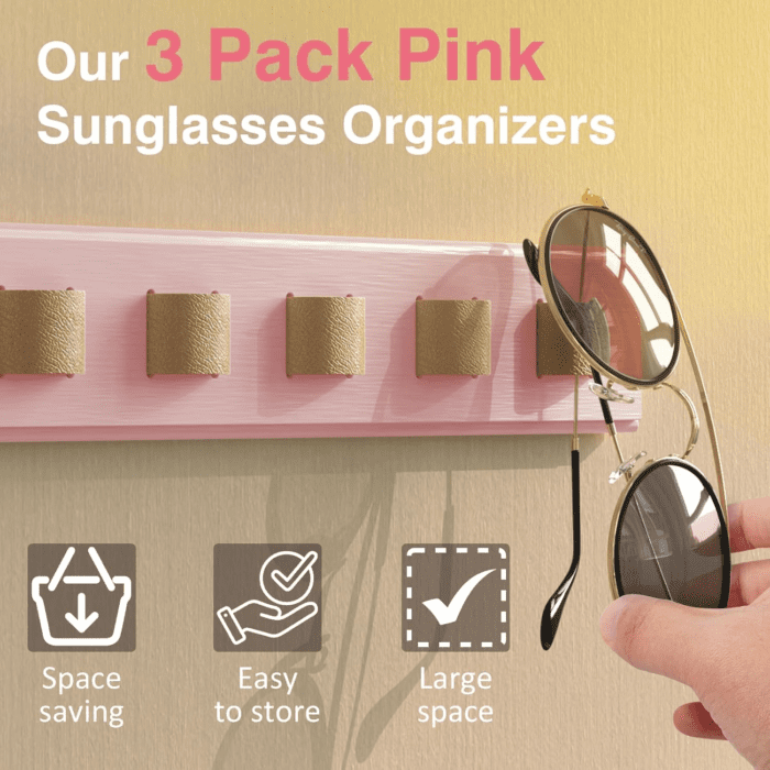 3 Pack Sunglass Organizer, Wall Mounted Sunglasses Organizer, Wooden Glasses Holder Sunglass Holder, Sunglasses Rack for Hanging Your Multiple Eyeglasses, for Wall, Home Decor(Pink) - Image 5