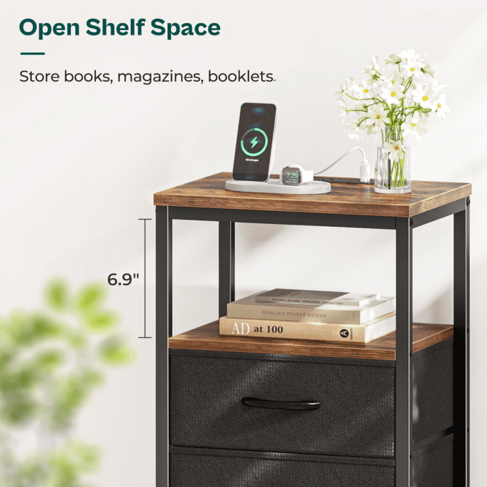 Nightstand with Charging Station, Side Table with Fabric Drawers, End Table with Open Shelf, Bedside Table with USB Ports and Outlets, Night Stand for Bedroom, Rustic Brown and Black - Image 7