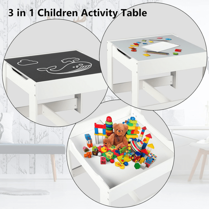 Kids Wood Table & 2 Chairs Set, 3 in 1 Children Activity Table W/Storage, Removable Tabletop, Blackboard, 3-Piece Toddler Furniture Set for Art, Crafts, Drawing, Reading, Playroom, Grey - Image 2