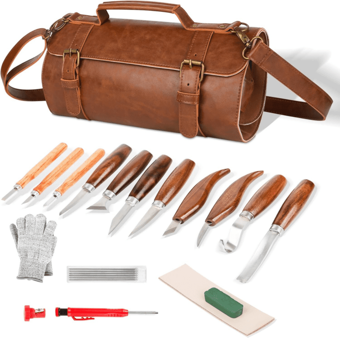 Wood Carving Tools Sets Deluxe Wood Carving Kit Wooden Carving Knife Wood Working Carving Knife Tools Set with Large Leather Case for Beginner and Carpenter Experts