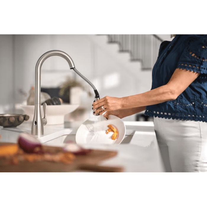 Georgene Spot Resist Stainless Single Handle Touchless Pull-Down Kitchen Faucet with Sprayer (Deck Plate and Soap Dispenser Included) - Image 11