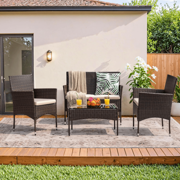 4 Pieces Outdoor Patio Furniture Sets Rattan Chair Wicker Set, Outdoor Indoor Use Backyard Porch Garden Poolside Balcony Furniture Sets Clearance (Brown and Beige) - Image 7