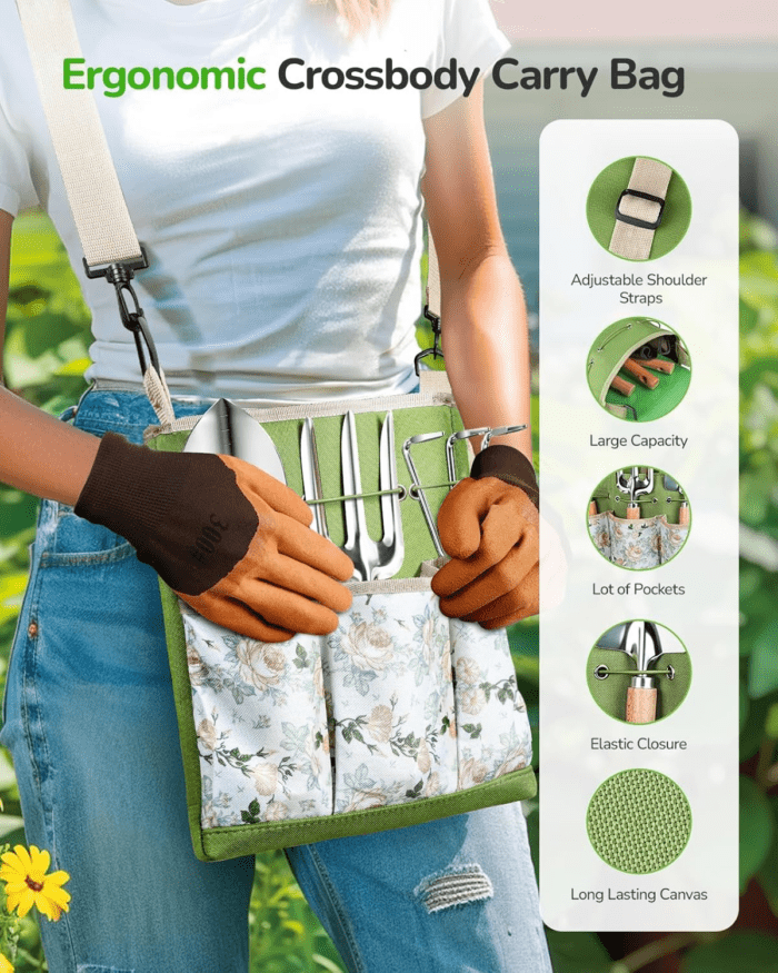 All-In-One Garden Tool Set, 11-Piece Heavy Duty Gardening Tools with Ergonomic Canvas Shoulder Crossbody Bag, Rust-Proof Premium Garden Tool Kit, Gardening Gift for Women Men - Image 4