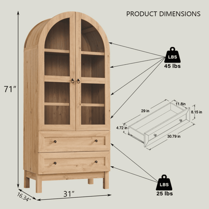 71" Tall Arched Kitchen Pantry, Modern Farmhouse Wood Kitchen Storage Cabinets with 2 Large Drawers and Adjustable Shelves, Versatile Cupboard for Kitchen, Dining Room, Bathroom, Natrual - Image 2