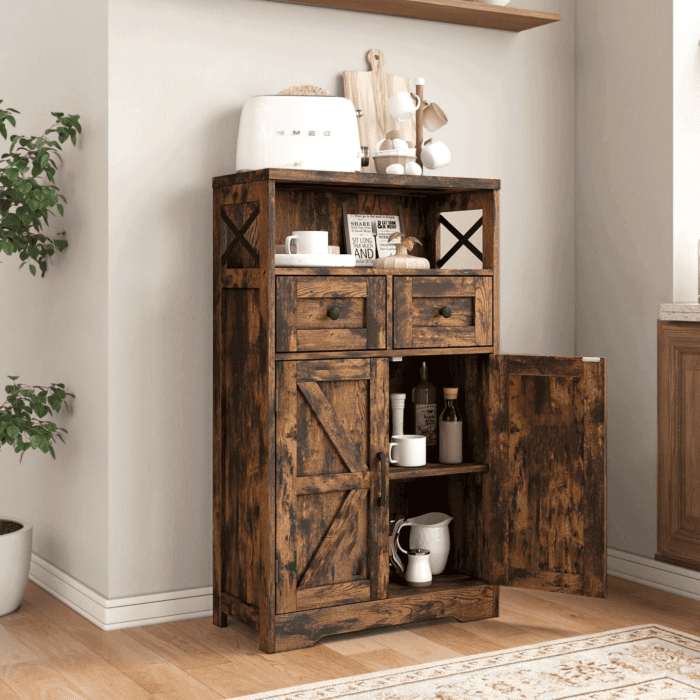 Farmhouse Storage Cabinet with Drawers and Shelves, Freestanding Kitchen Pantry Storage Cabinet, Floor Storage Cabinet Hutch Cupboard for Dining/Living Room/Home Office, Rustic Brown - Image 4