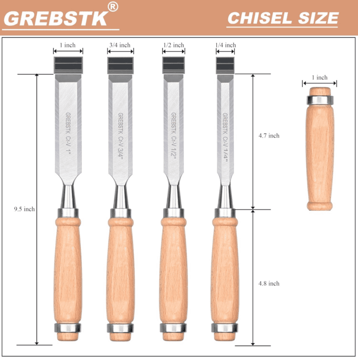 9.5In Wood Chisel Set for Woodworking, 4Pcs Chrome Vanadium Steel Bevel-Edge Bench Chisels with Cap, Comfortable Beech High Impact Handle - Image 2